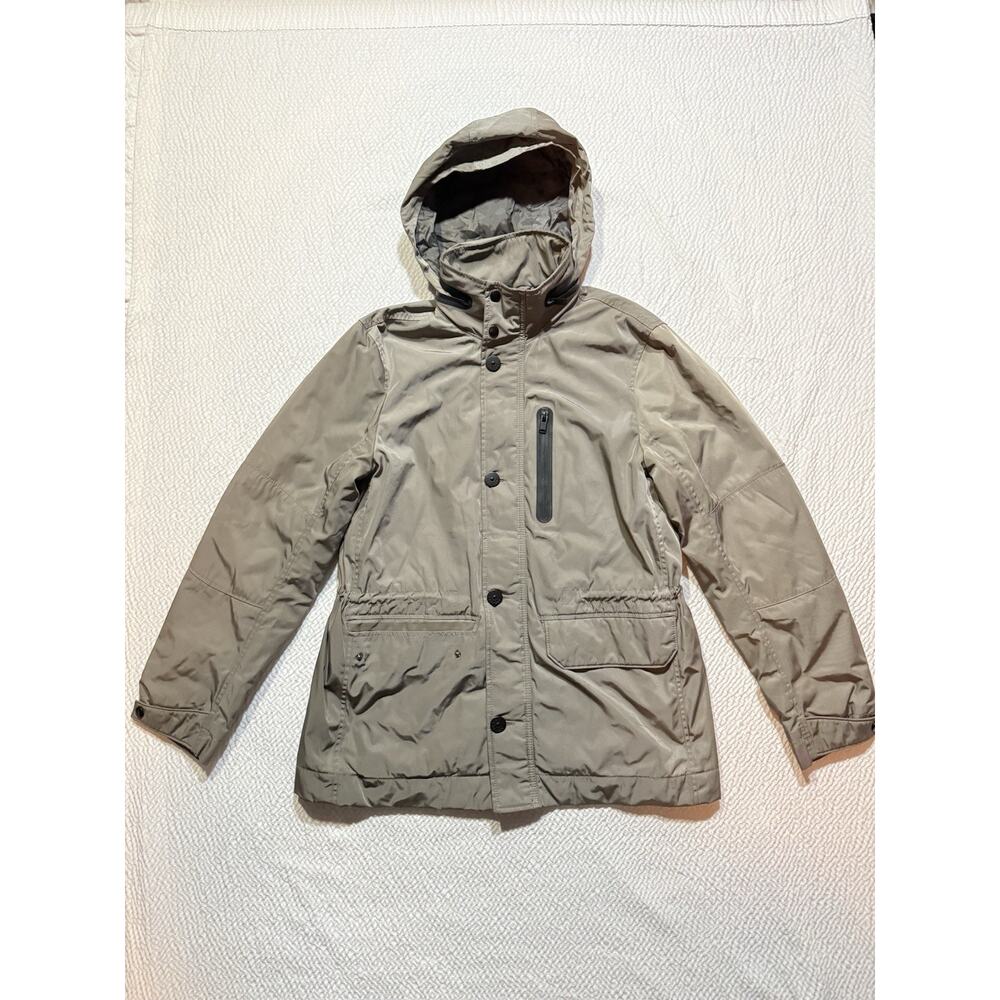 Express Parka Jacket Mens Size M Zip-In Hood Full Zip Button Front Brown Coat